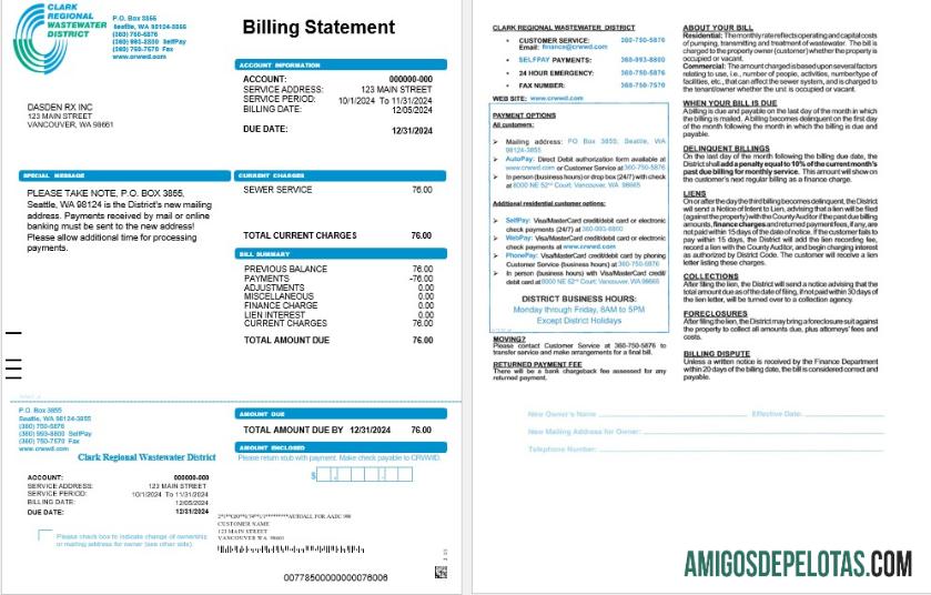 Em branco modelo Word e PDF de projeto de lei de serviços públicos CRWWD dos EUA